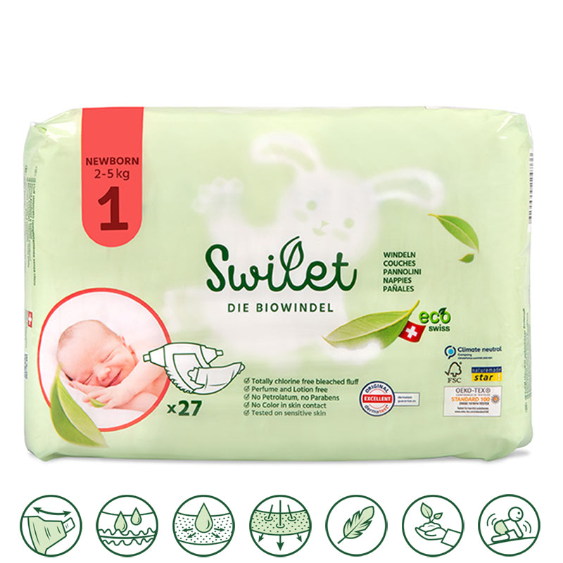 Swilet - La couche bio taille 1 Newborn 2-5Kg (4x 27 pcs) Carton