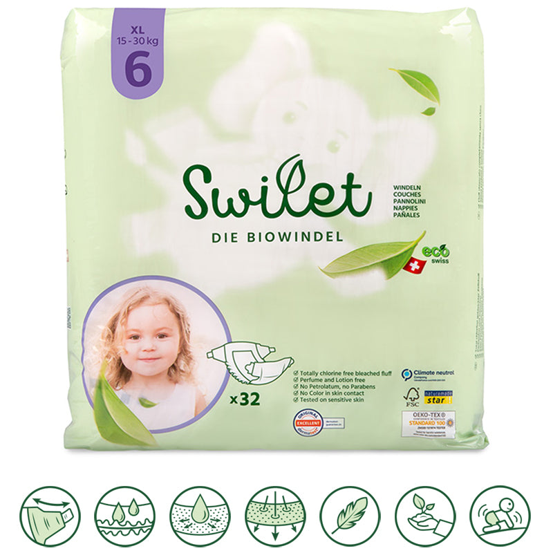 Swilet - La couche bio taille 6 XL 15-30Kg (12x 32 pcs) Boîte de 2