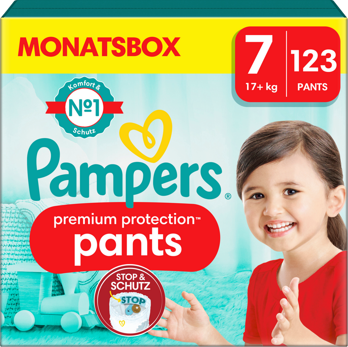 Pampers Premium Protection Pants T7 XXL 17+kg (123 pces) pack mensuelle