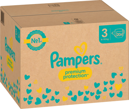 Pampers Premium Protection T3 Midi 6-10kg (204 pces) Pack mensuel