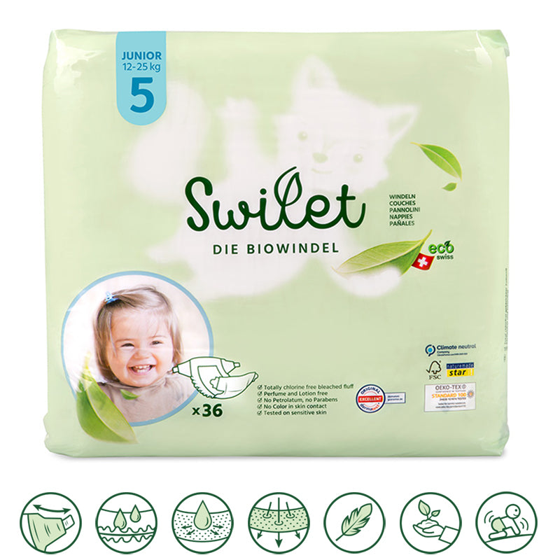 Swilet - La couche bio taille 5 Junior 12-25Kg (12x 36 pcs) carton de 2 pièces