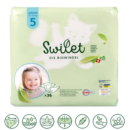 Swilet - La couche bio taille 5 Junior 12-25Kg (12x 36 pcs) carton de 2 pièces