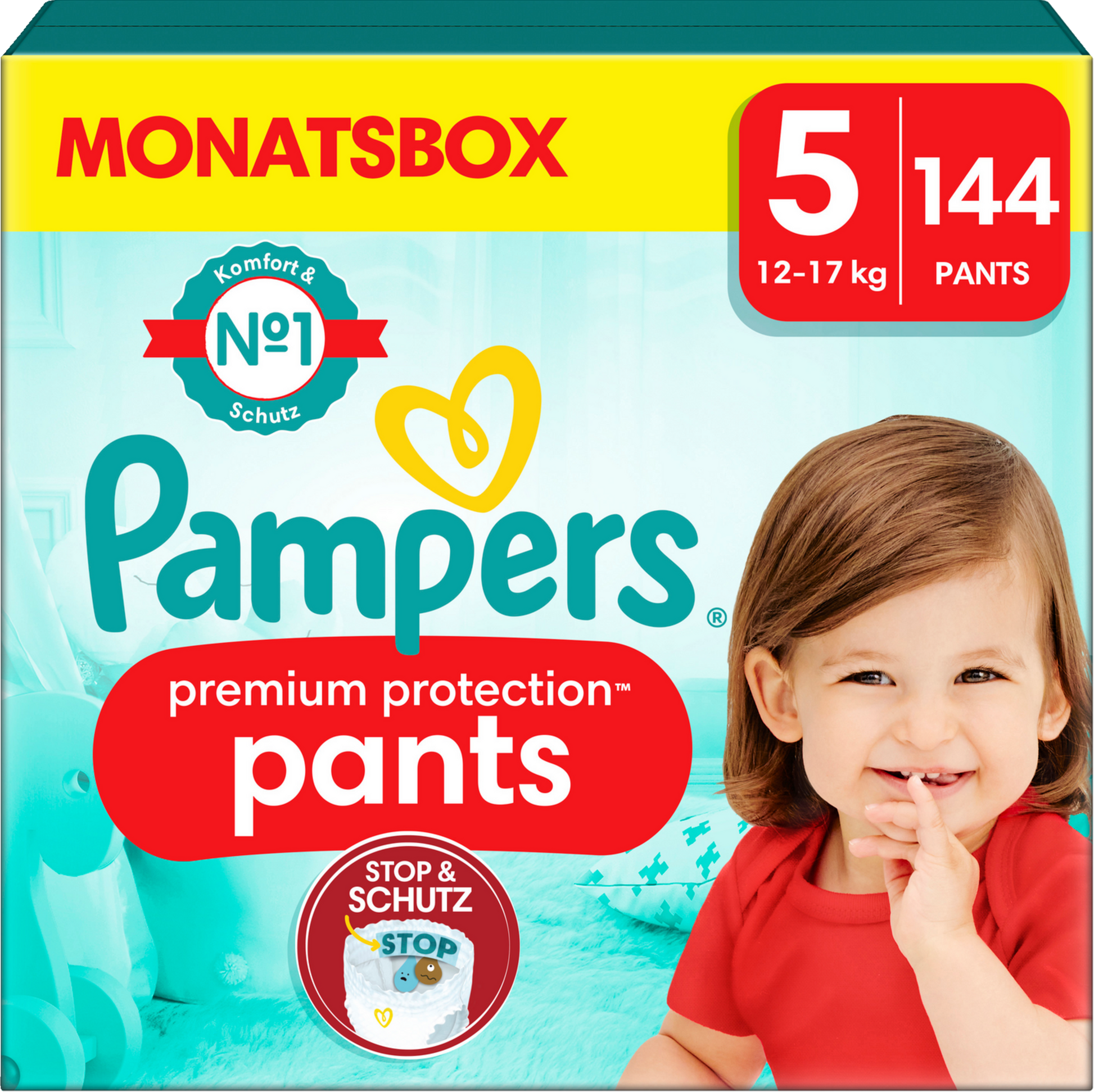 Pampers Premium Protection Pants T5 Junior 12-17kg (144 pces) pack mensuelle
